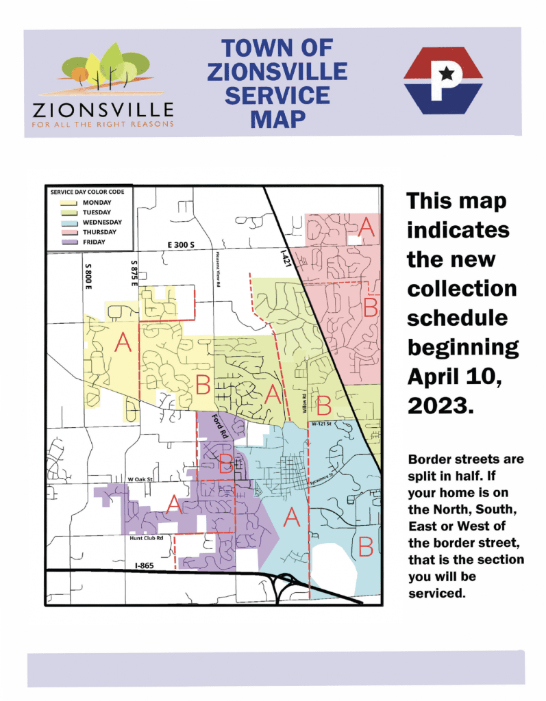 Town of Zionsville service map: five weekday collection zones, each split into A and B recycling areas